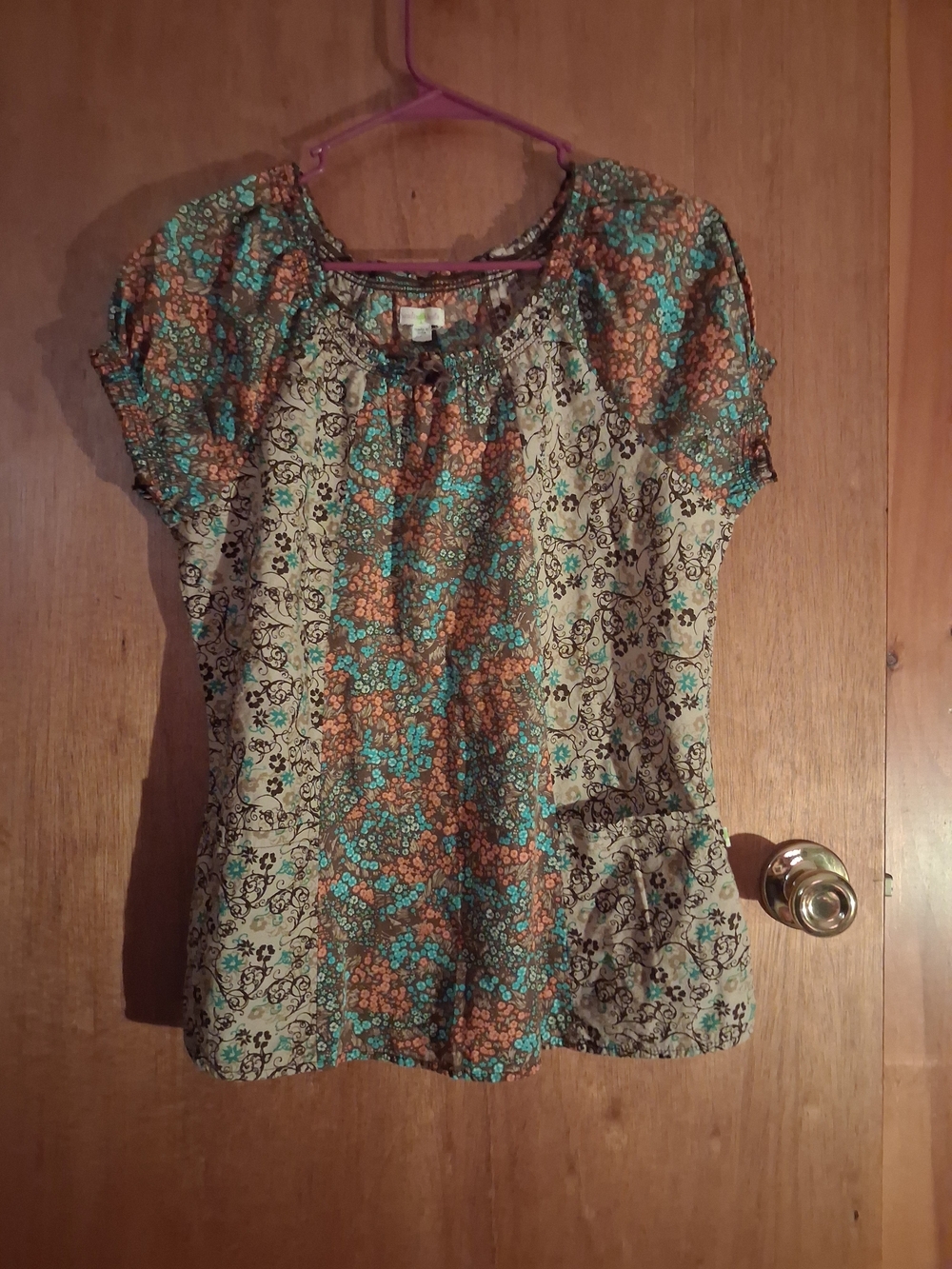 healing hands Teal & Brown Floral Short-Sleeve Peasant Scrub Top